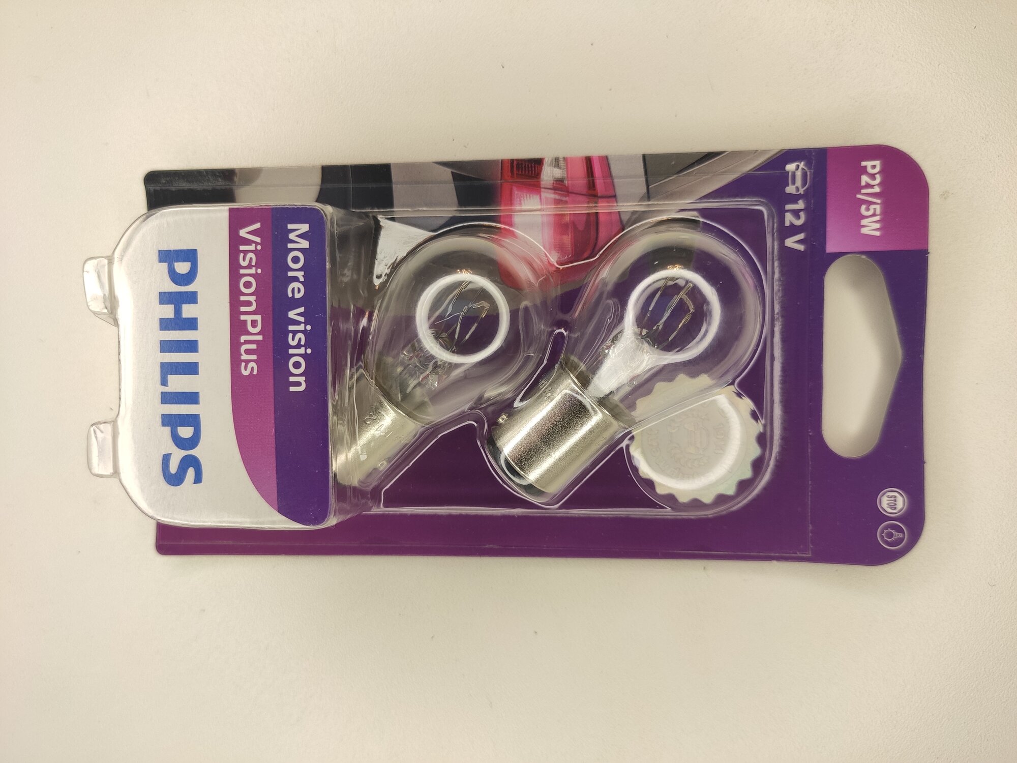 Лампа автомобильная накаливания, 2 шт. Philips VisionPlus +60% P21/5W BAY15d 3250K, 12499VPB2