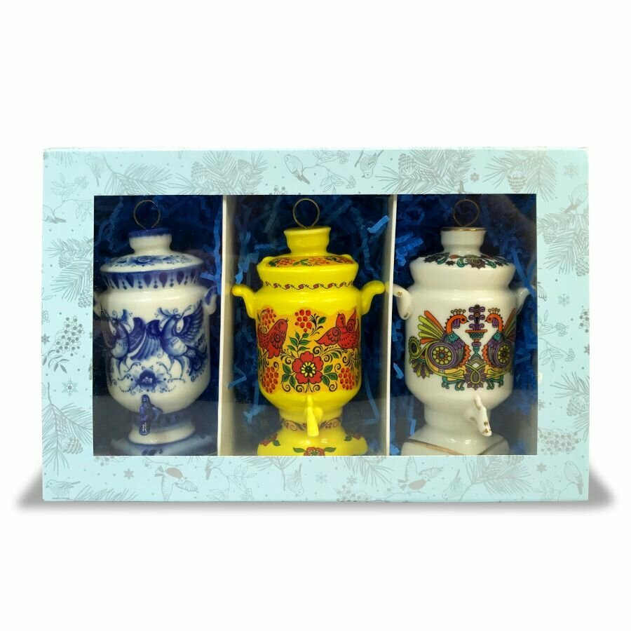 Набор елочных игрушек фарфоровый самовары. Авторская работа Россия.