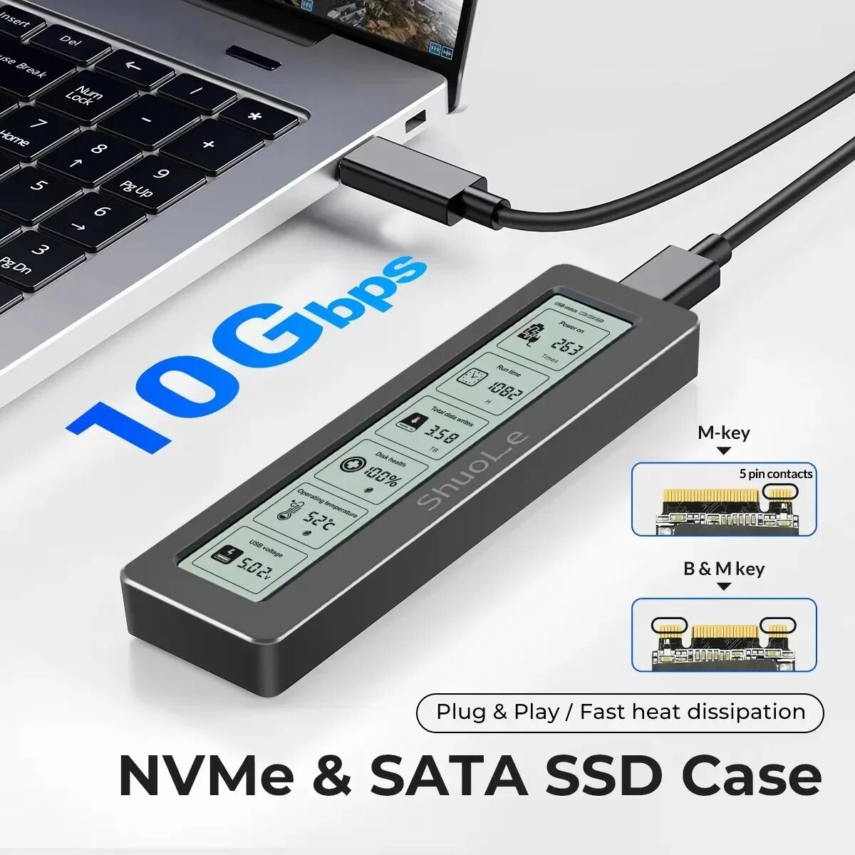 Корпус SSD kebidu для M.2 2242/2260/2280, алюминий, USB 3.2 Gen2, 10 Гбит/с, NVME — фото 1