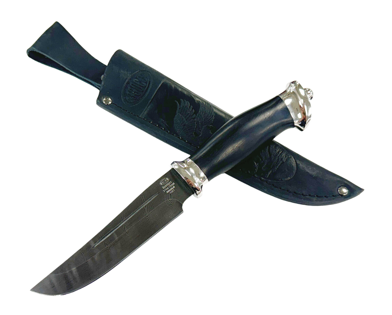 Нож Н81 Сибиряк, сталь черный дамаск У10А-7ХНМ, никель, граб, ззосс