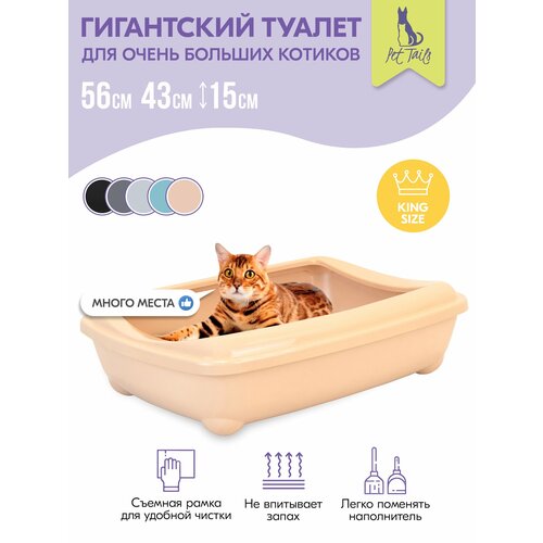 Туалет для кошек, лоток для кошек "PetTails" для Мейн-кунов глубокий, большой (под наполнитель) 56*43*15см, бежевый