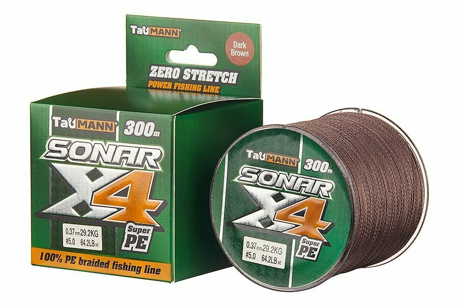 TauMANN Леска плетёная Sonar PE X4 300m #5 (0.37mm) Dark Brown