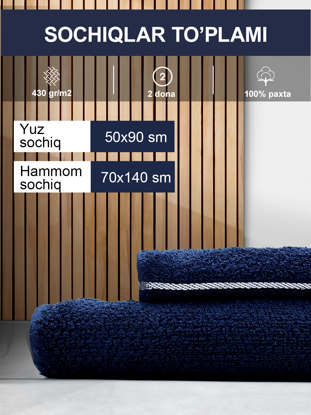 Набор полотенец, махровая ткань, хлопок, для лица, банные, темно-синий, 2 шт — фото 1