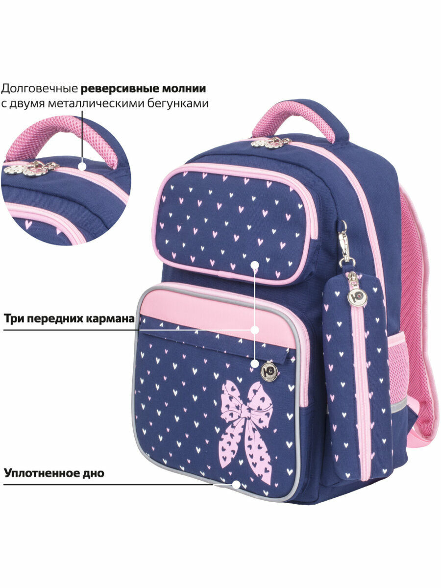 Рюкзак / ранец / портфель школьный подростковый для девочек анатомическая спинка Юнландия Complete, с пеналом в комплекте, Pink bow, 229972 — фото 1