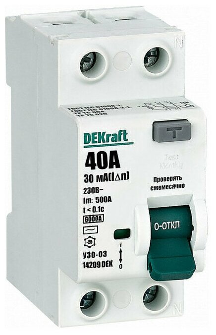 14209DEK Выключатель дифференциального тока DEKraft УЗО-03 2П 40А 30мА тип AC, 6кА
