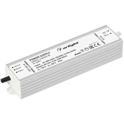 Блок питания ARPV-24060-B (24V, 2.5A, 60W) (ARL, IP67 Металл, 3 года) , ARLIGHT 020005 (1 шт.) блок питания arpv 24060 b 24v 2 5a 60w arl ip67 металл 3 года arlight 020005 1 шт