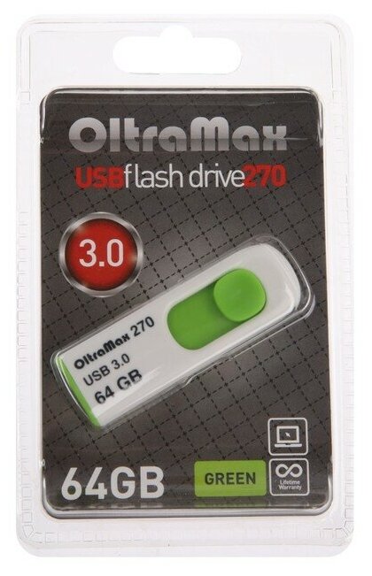 OltraMax Флешка OltraMax 270, 64 Гб, USB3.0, чт до 70 Мб/с, зап до 20 Мб/с, зеленая