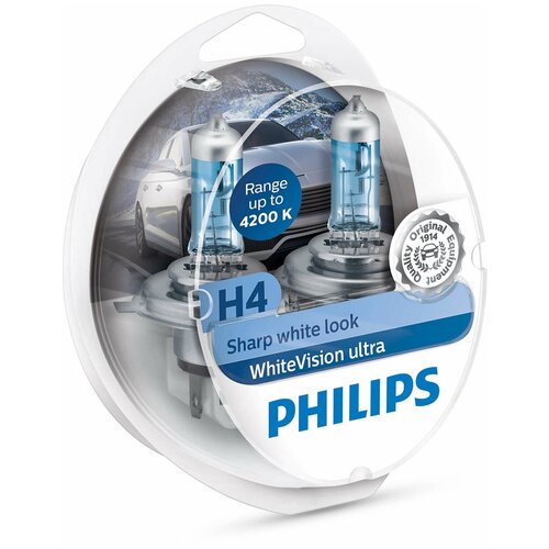 Лампа галогенная PHILIPS H4 White Vision Ultra 4200K 12V 55/60W, 2шт, 12342WVUSM