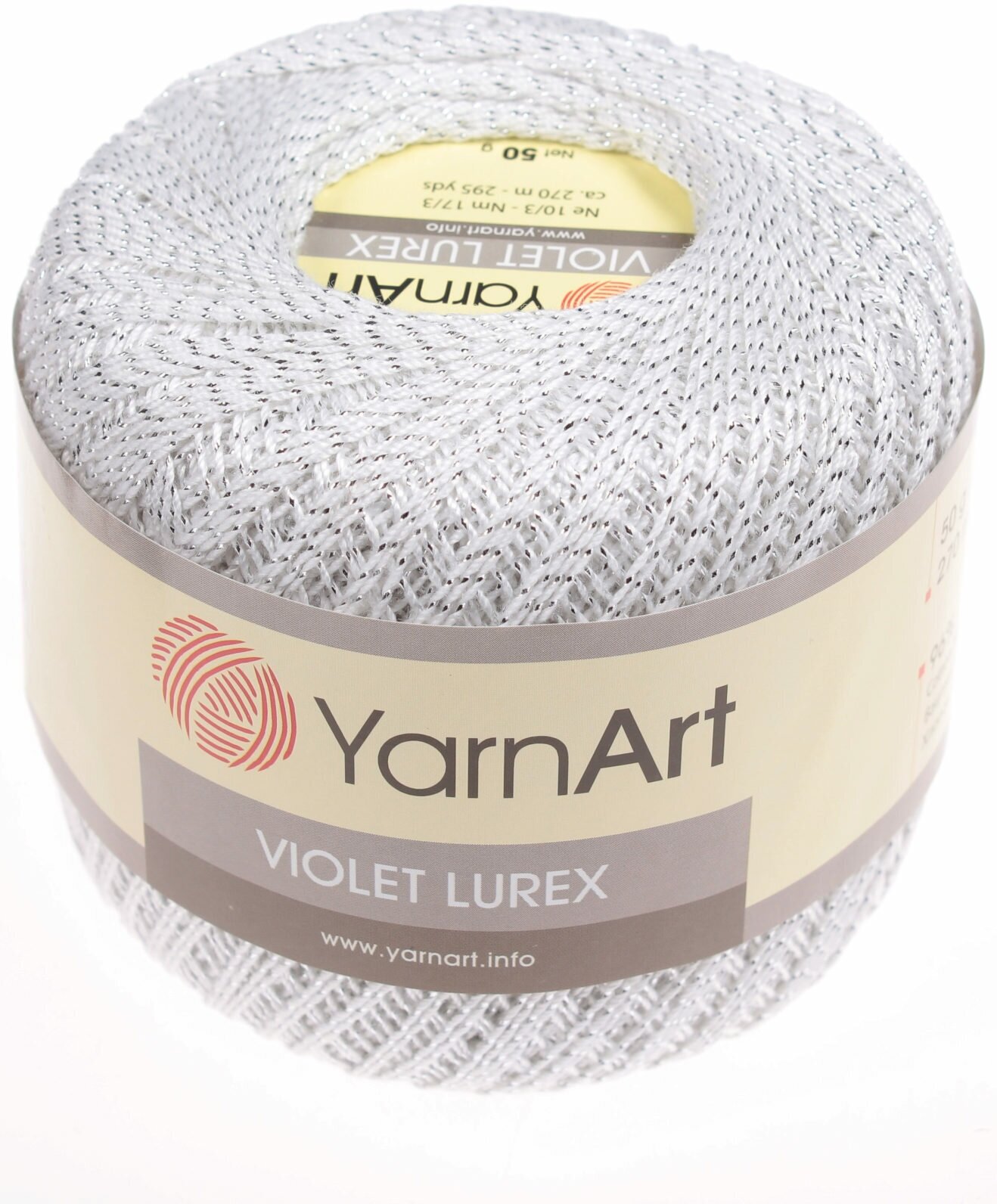 Пряжа YarnArt Violet Lurex белый/серебро (1000), 96%мерсеризованный хлопок/4%металлик, 270м, 50г, 1шт