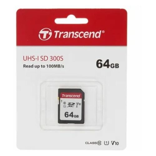 Карта памяти Transcend 300S SDXC 64 ГБ (TS64GSDC300S) - Сlass 10, UHS Class 1, Video Class 10, запись - 40 Мбайт/сек, чтение - 95 Мбайт/сек