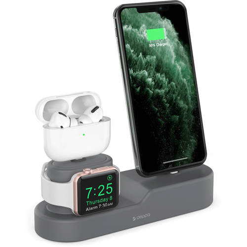 Подставка для зарядки Deppa 3-в-1 ( iPhone, AirPods 1/2/Pro, Apple Watch 1/2/3/4/5), силикон, серый, 47105