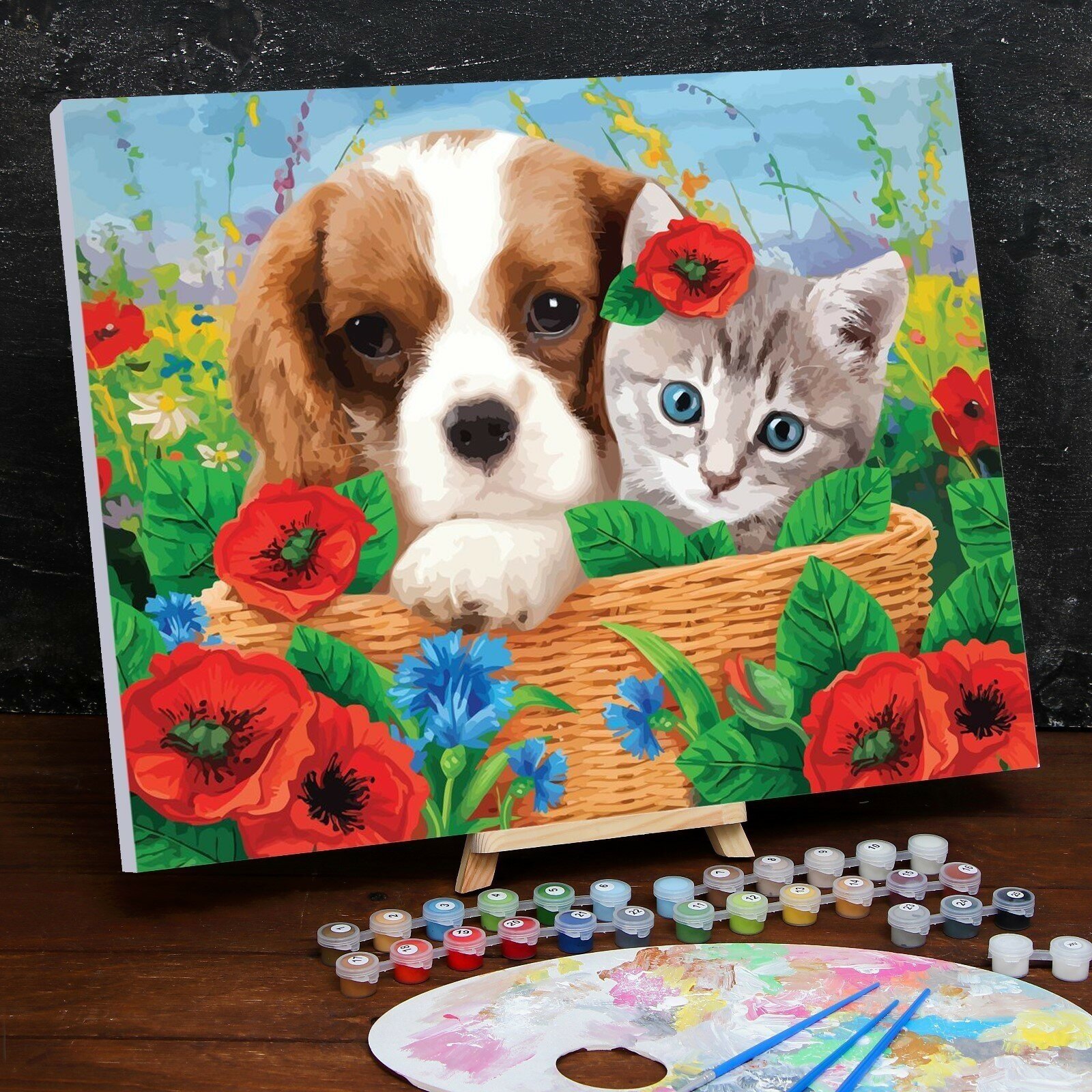 Картина по номерам на холсте с подрамником «Котенок и щенок» Школа талантов - фото №5