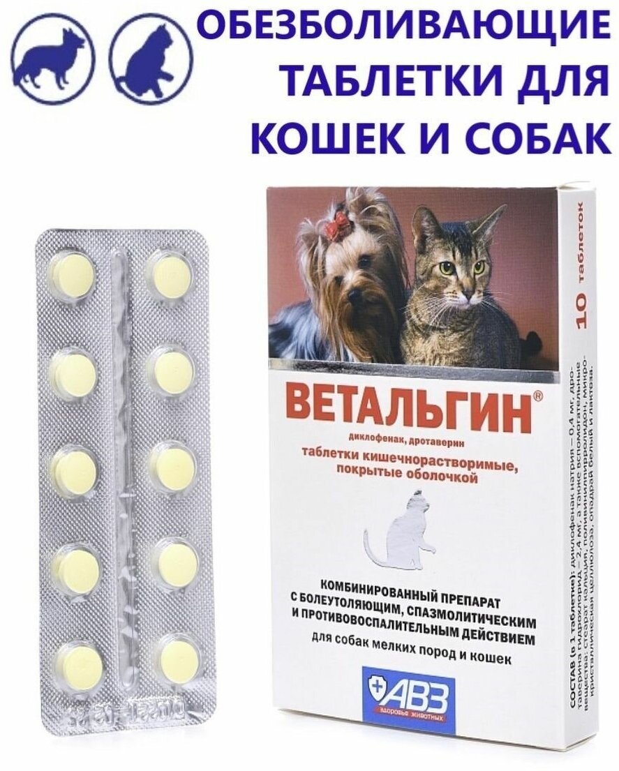 Характеристики модели Таблетки АВЗ Ветальгин для собак мелких пород и кошек  — Ветеринарные препараты — Яндекс Маркет