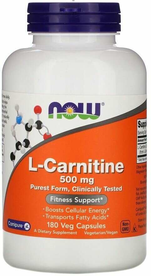 L-Карнитин L-Carnitine 500 мг Now Foods 180 вегетарианских капсул