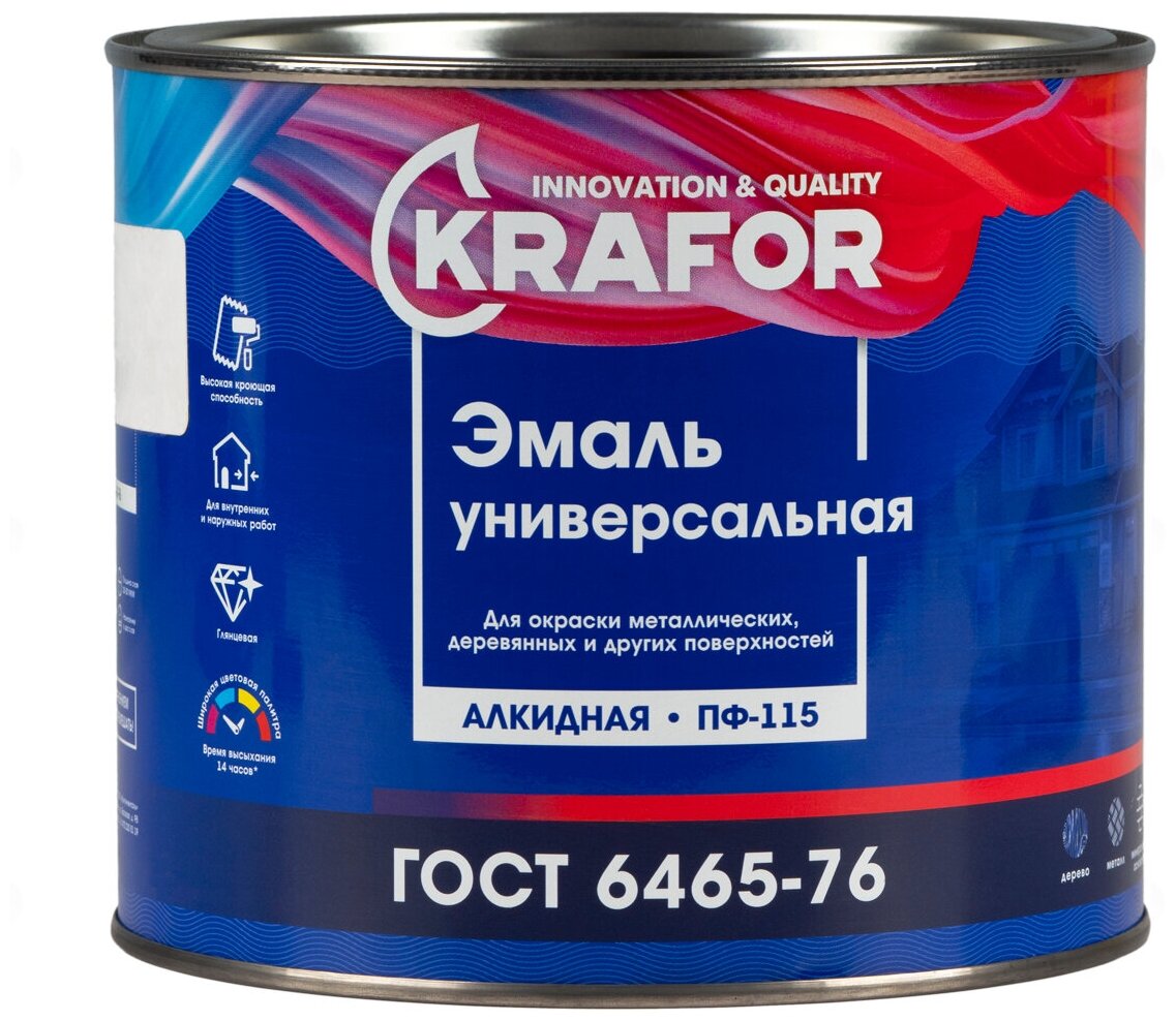 Эмаль ПФ-115 универсальная Krafor, алкидная, глянцевая, 1,8 кг, вишневая