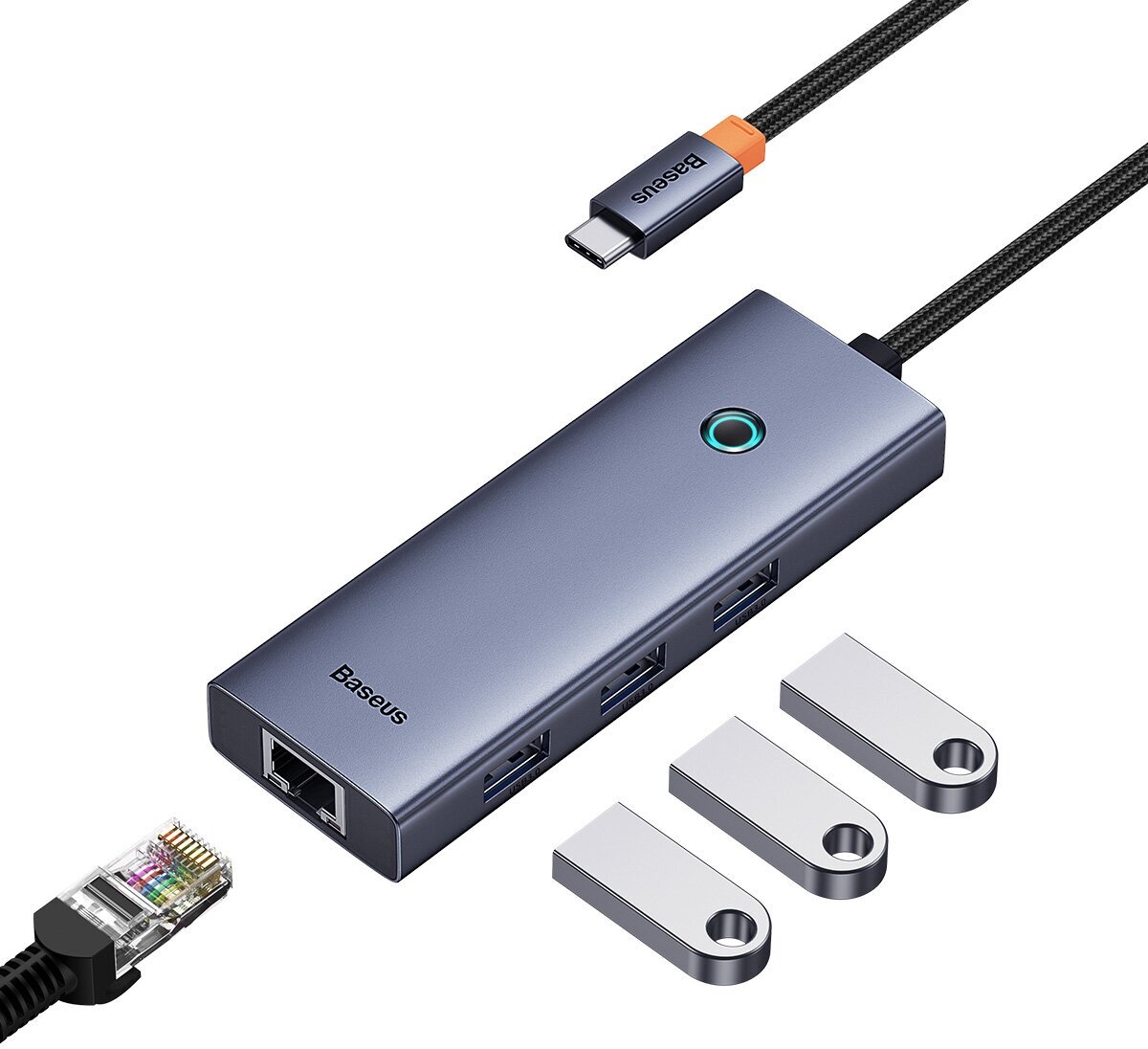 Хаб OS-Baseus Flite Series 4-Port HUB (Type-C to USB30*3+RJ45*1) Серый (B0005280A813-00)