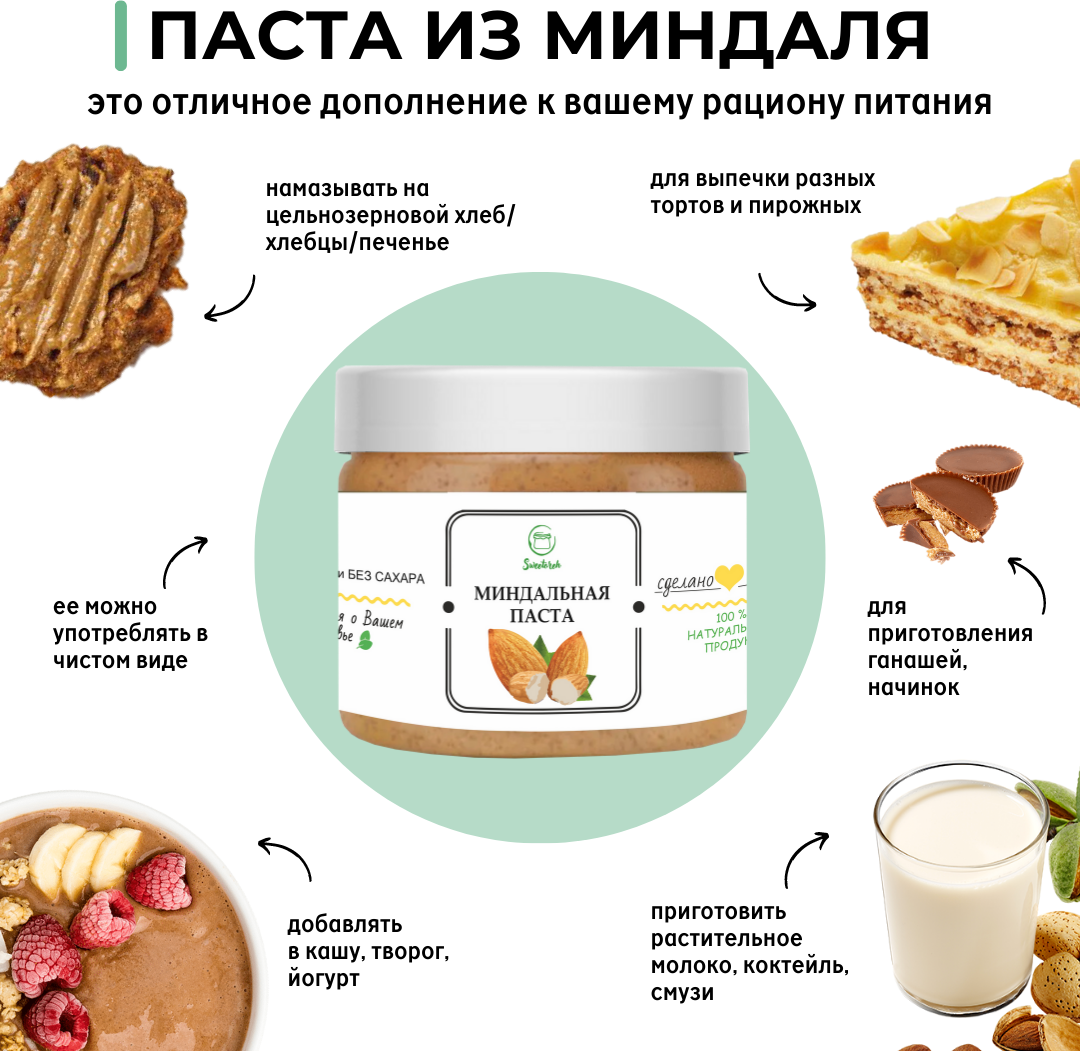 Паста ореховая Миндальная Sweetoreh без сахара и добавок/ натуральная/ 300гр - фотография № 3