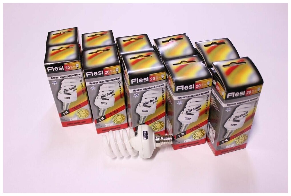 фото 10шт. Лампа энергосберегающая Flesi Spiral 20W Full New 220V E14 4100K 10шт/упак.
