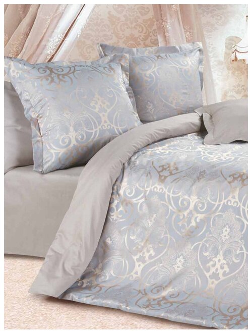 Комплект постельного белья ECOTEX Глейс, евростандарт, сатин-жаккард, голубой/серый