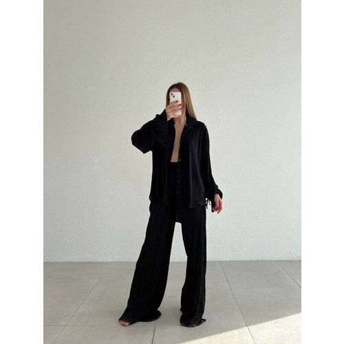 фото Костюм, рубашка и брюки, повседневный стиль, свободный силуэт, пояс на резинке, размер 48-50, черный lgs.m