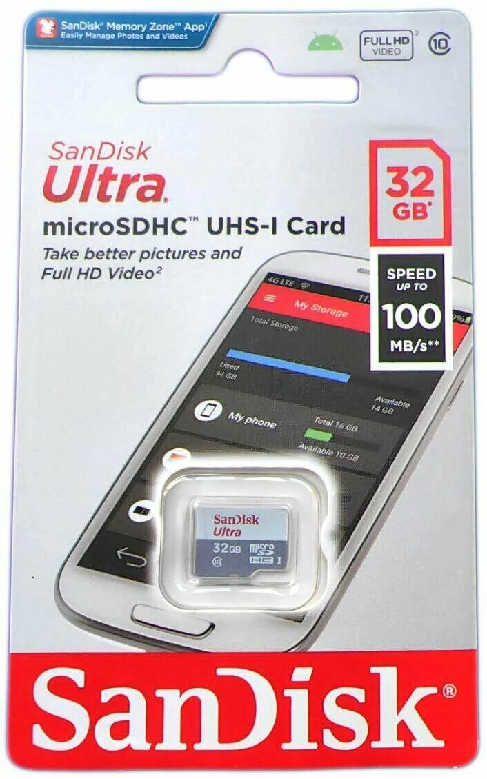 Карта памяти SANDISK micro SDHC 32Gb Ultra Class 10 UHS-I (100/10 MB/s) (SDSQUNR-032G-GN3MN)