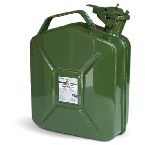Канистра для горюче-смазочных материалов, металлическая, зеленая, объемом 5 литров.