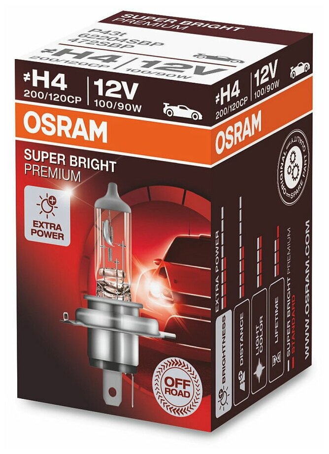 Лампа автомобильная галогенная OSRAM OFF-ROAD Super Bright Premium 62204SBP H4 P43t-38