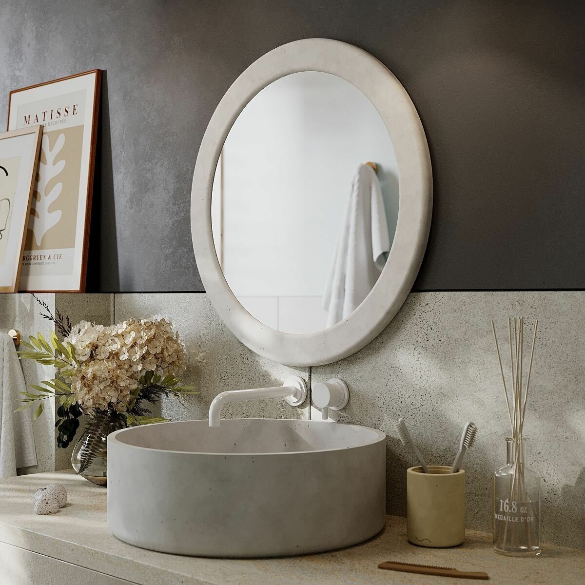 Зеркало для ванной Luna, настенное круглое зеркало в раме 60х60 см, бетон, белое матовое - фотография № 2