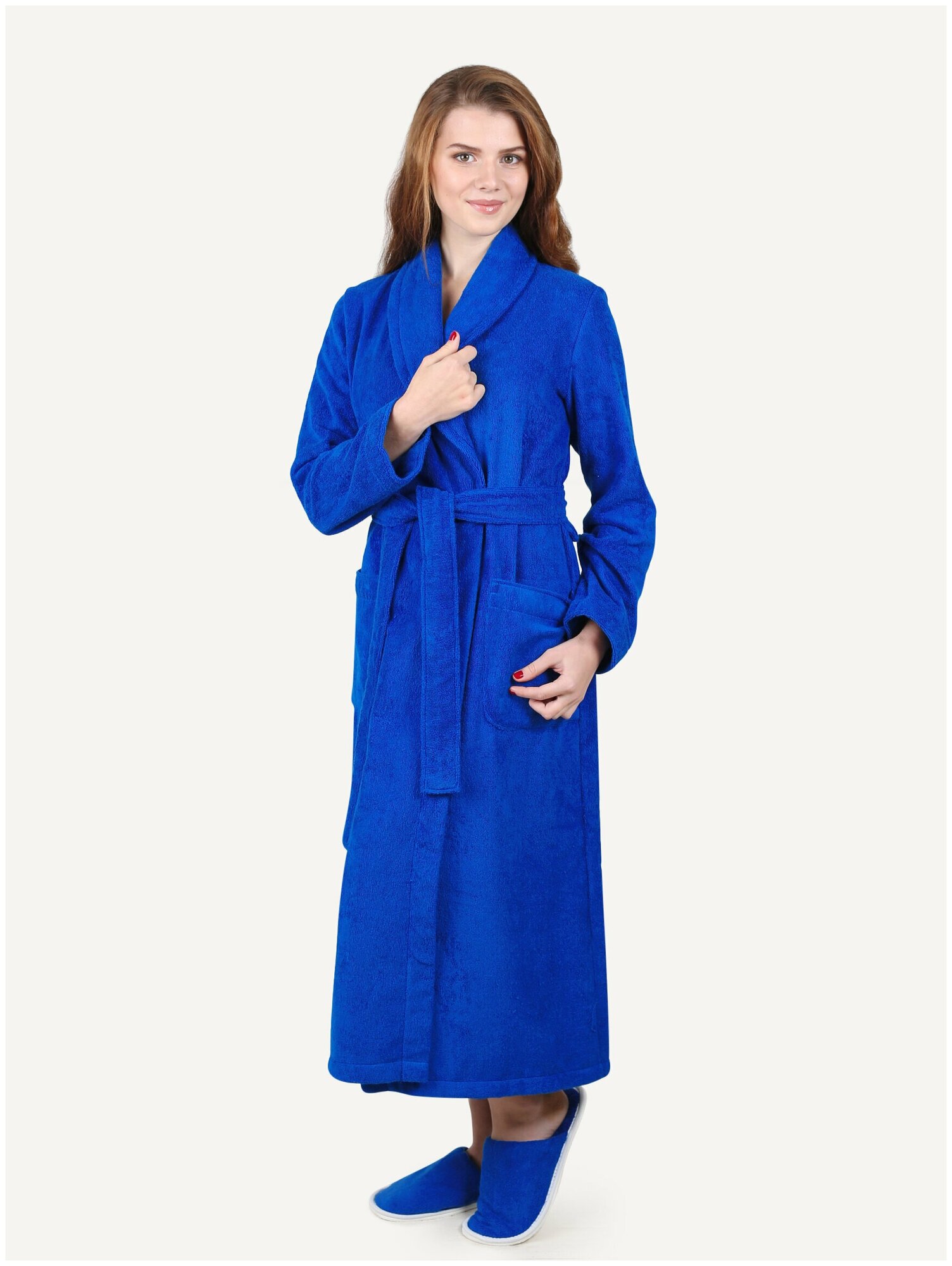 Женский махровый халат с шалькой, синий - фотография № 15