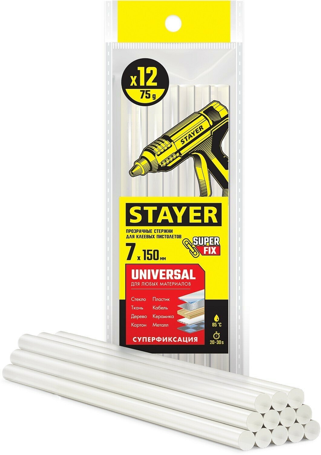 STAYER Universal Прозрачные универсальные клеевые стержни d 7 мм х 150 мм, 12 шт. 06817-12