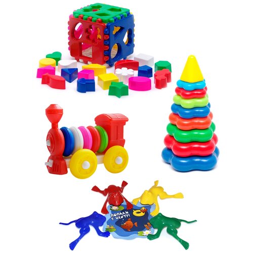 фото Набор развивающий игрушка "кубик логический большой" + пирамида детская большая + конструктор-каталка "паровозик" + команда ква №1, каролина тойз karolina toys