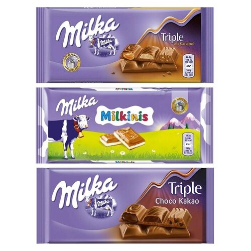 фото Шоколад milka triple caramel + milkinis + triple cocoa (набор из 3 шт), 100 г, 3 уп.