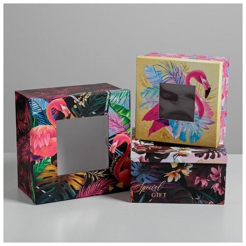 фото Набор коробок с pvc окном 3 в 1 "фламинго", 18 x 18 x 10-22 x 22 x 12 см дарите счастье
