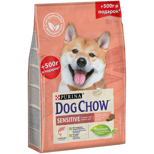 Сухой корм для собак DOG CHOW при чувствительном пищеварении, для здоровья кожи и шерсти, лосось 2.5 кг (500 г в подарок)