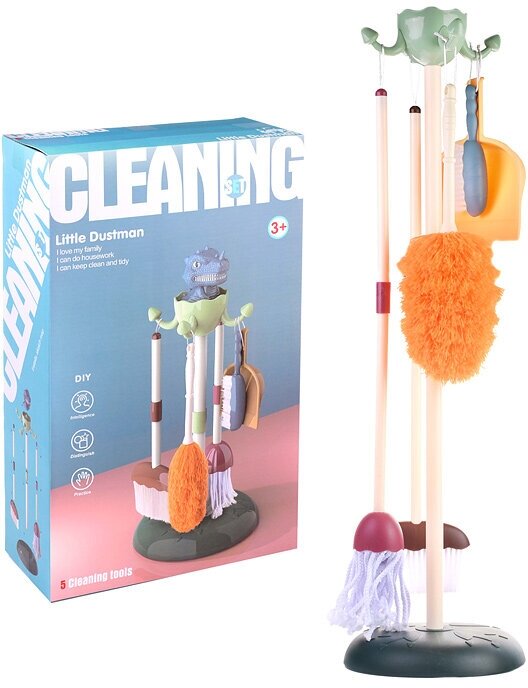 Игрушечный детский набор для уборки дома со стойкой-держателем (швабра, щетка, совок) Oubaoloon XG2-18A "Уборка-Клининг" (6пр.) в коробке