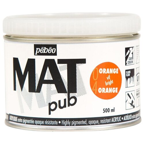 Краска акриловая PEBEO экстра матовая Mat Pub №2, ярко-оранжевый, 500 мл