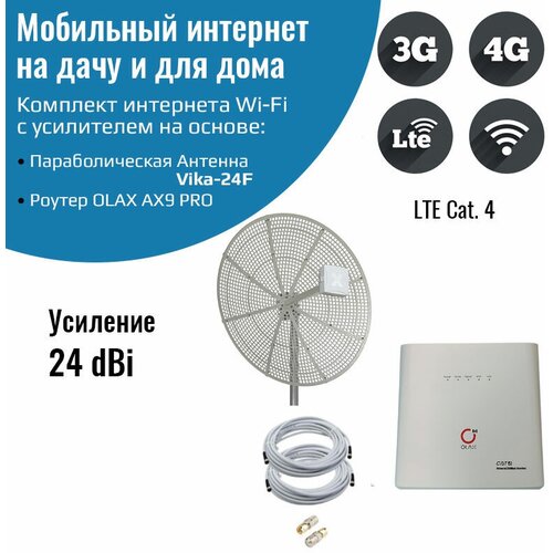 Мобильный интернет на даче, за городом 3G/4G/WI-FI – Комплект роутер OLAX AX9 PRO с антенной Vika-24F комплект антэкс 4g 24 дб антенна vika 24f mimo модем zte mf79 wifi роутер кабель