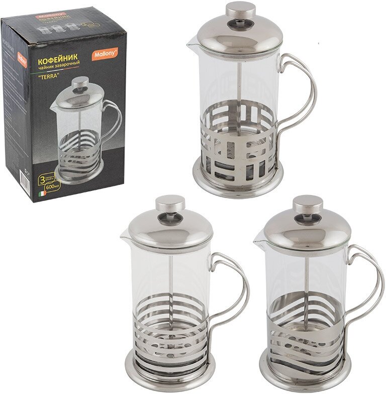 фото Чайник/кофейник (кофе-пресс) TERRA из жаропрочного стекла, 600 мл, в корп из нерж стали