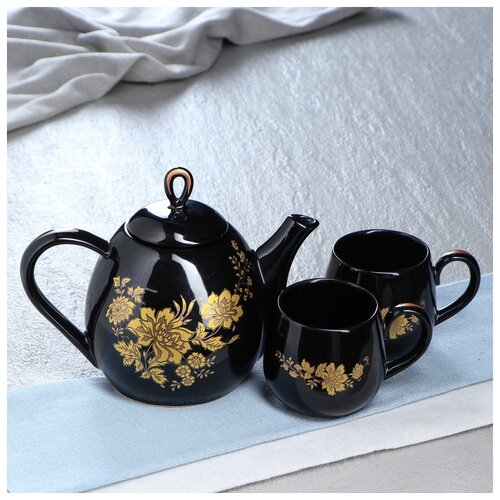 фото Чайный сервиз "петелька" чёрный, золотая ветка, чайник 0,8 л, чашка 0,22 л 4869032 керамика ручной работы