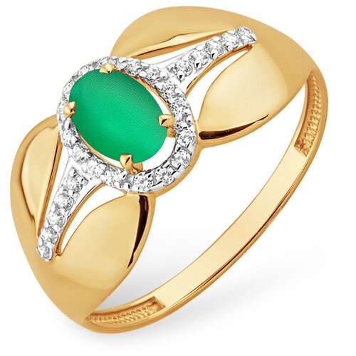 Кольцо Яхонт, золото, 585 проба, агат, фианит, размер 16.5, бесцветный, зеленый