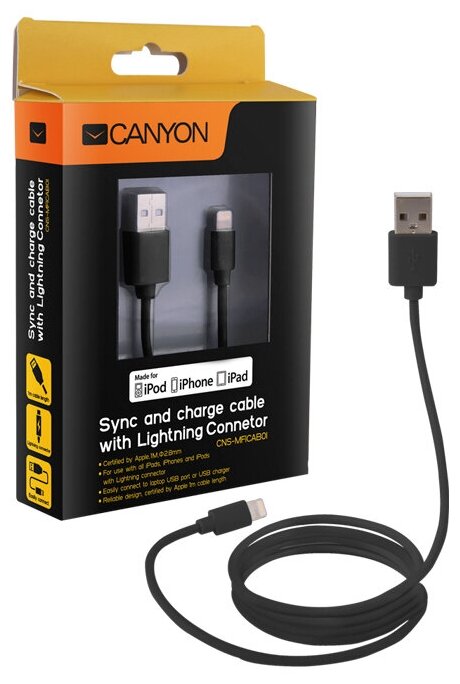 Кабель USB Lightning 1м Canyon CNS-MFICAB01B круглый черный