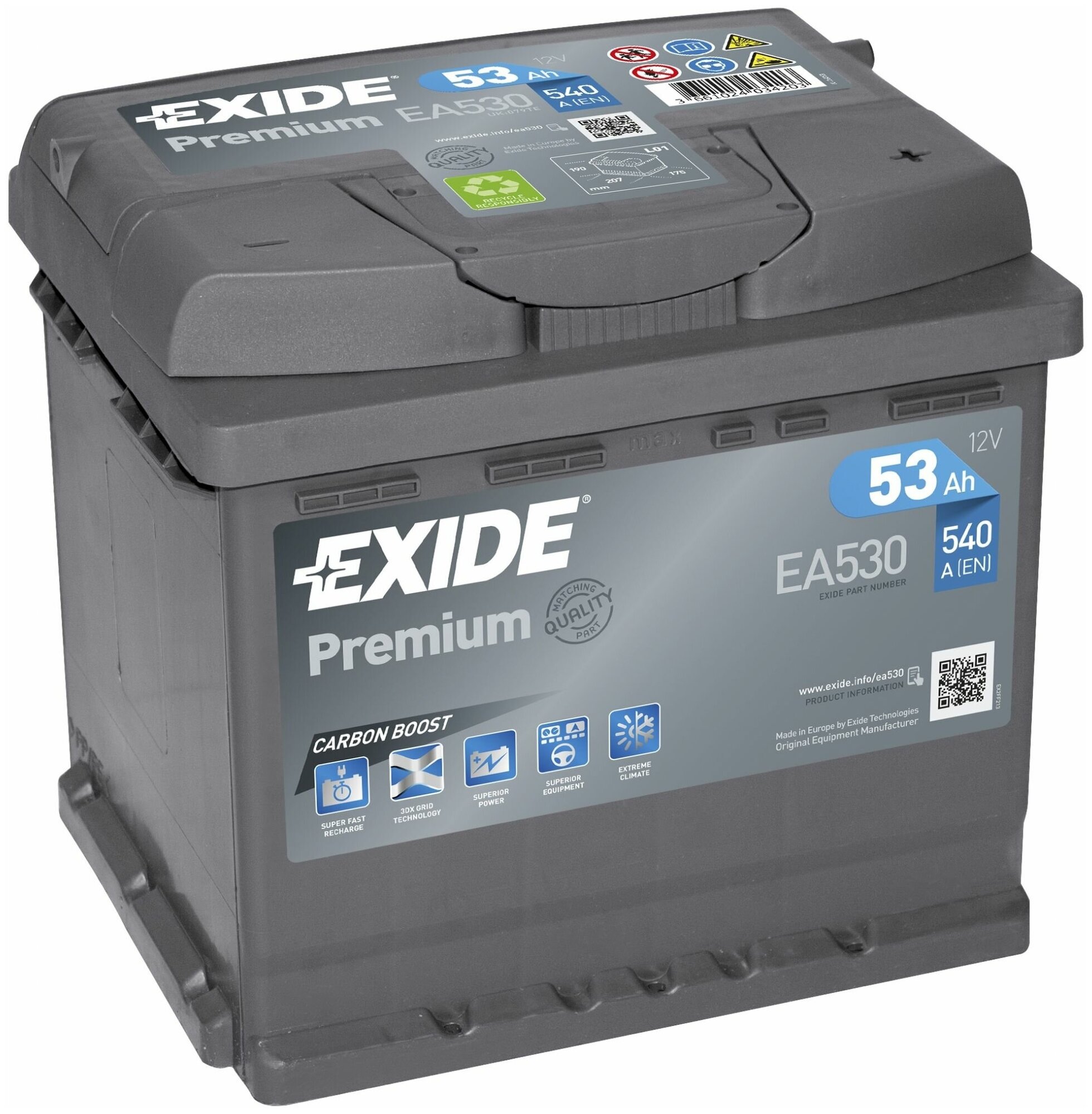 Автомобильный аккумулятор Exide Premium EA530 207х175х190