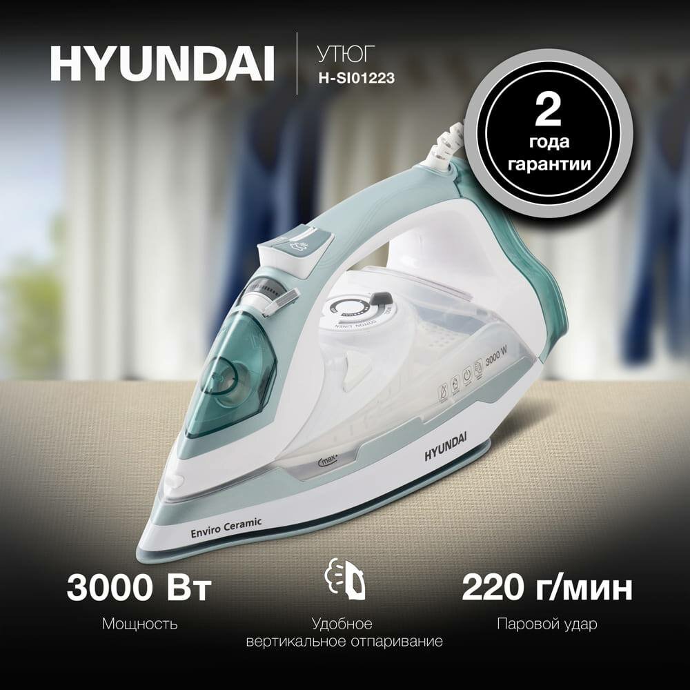 Утюг Hyundai Белый Мощность 3000 Вт подошва - керамика паровой удар/шнур 3 м