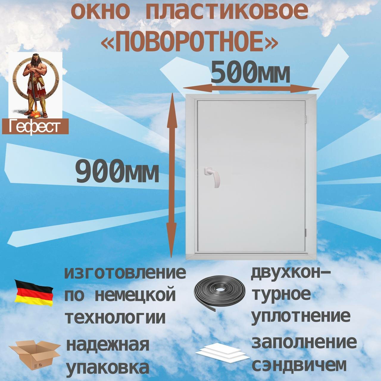 фото Окно ПВХ поворотное рехау (Ш х В) 500 х 900 мм. Пластиковое окно 60 серии с заполнением сэндвич-панель.