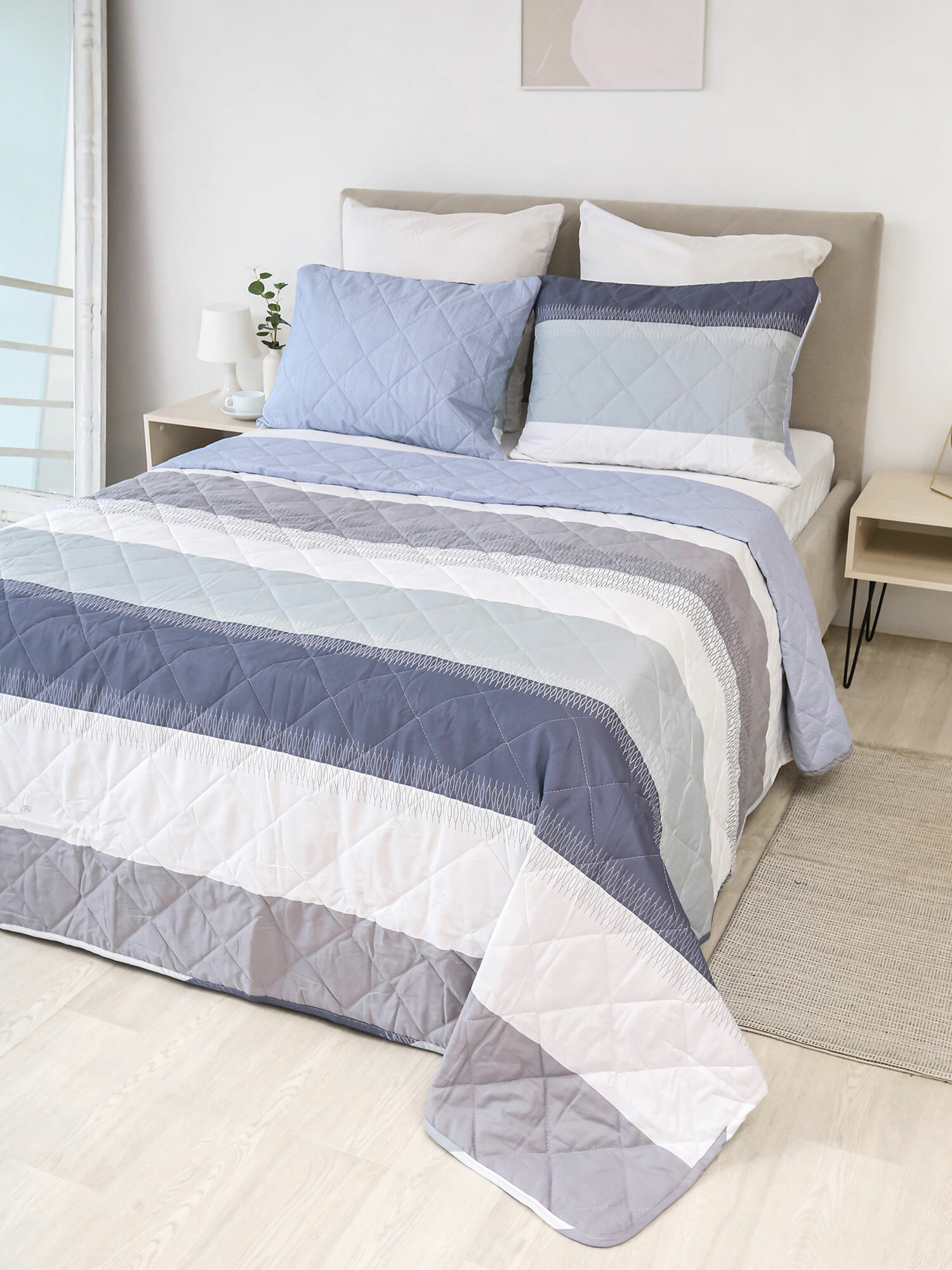 фото Стеганное двухстороннее покрывало SB-004 Elintale (серый-голубой), 200x215