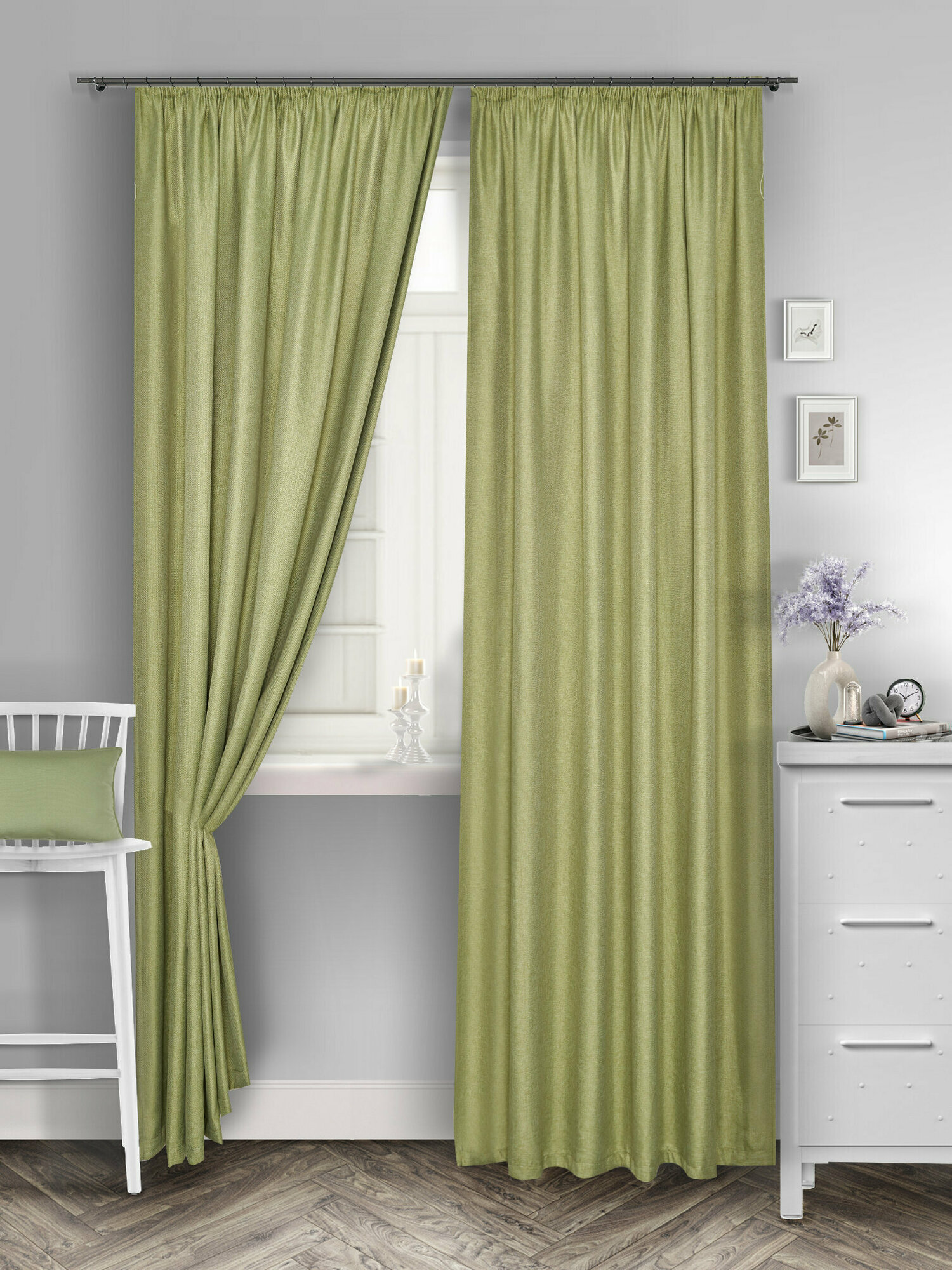 фото Комплект штор для комнаты блэкаут рогожка на ленте 60 мм, две портьеры общей шириной 500 см и высотой 270 см, золотисто-бежевый цвет