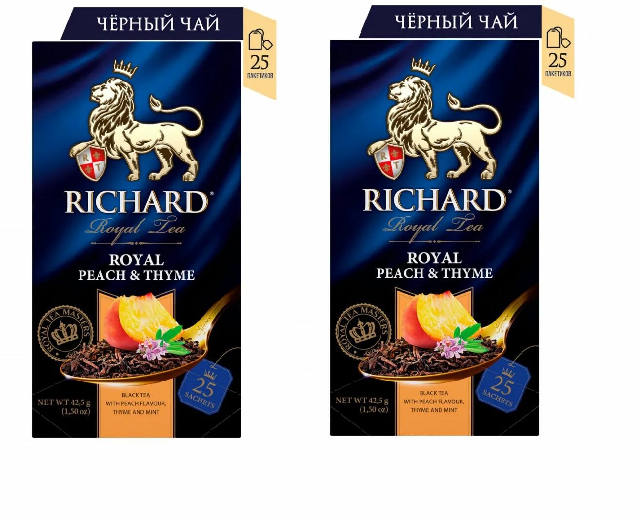 Чай черный "Richard Royal Peach" с персиком и мятой 25 пакетиков 2 упаковки