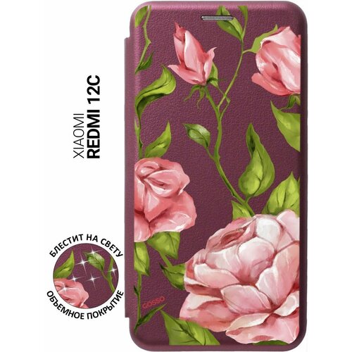 Чехол-книжка на Xiaomi Redmi 12C, Сяоми Редми 12С с 3D принтом Amazing Roses бордовый матовый soft touch силиконовый чехол на xiaomi redmi 12c сяоми редми 12с с 3d принтом amazing roses черный