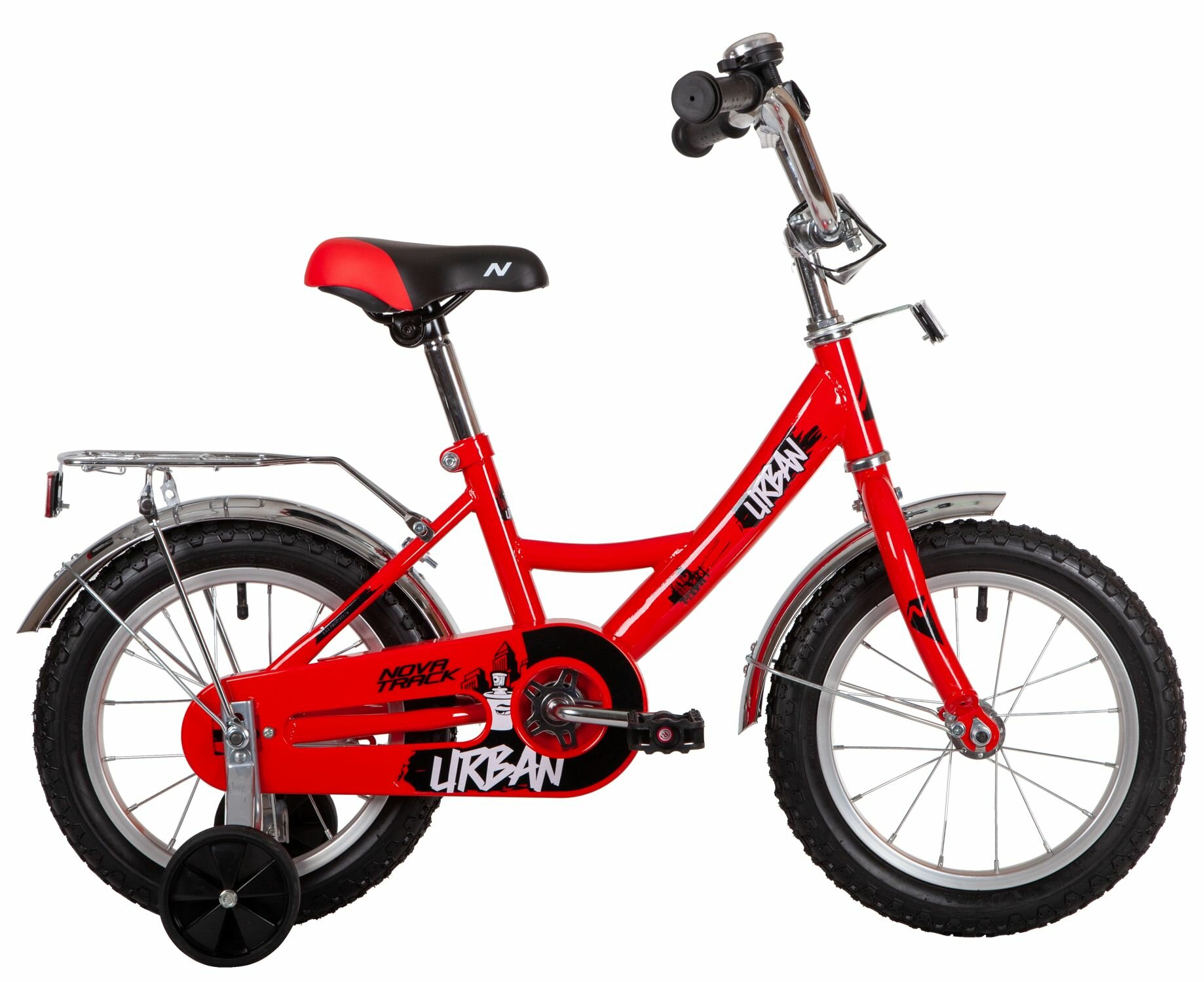 Велосипед NOVATRACK URBAN 14" (2022) (Велосипед NOVATRACK 14" URBAN красный, полная защита цепи, тормоз нож, крылья и багажник хром)