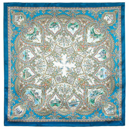Платок Павловопосадская платочная мануфактура, 89х89 см, белый, голубой